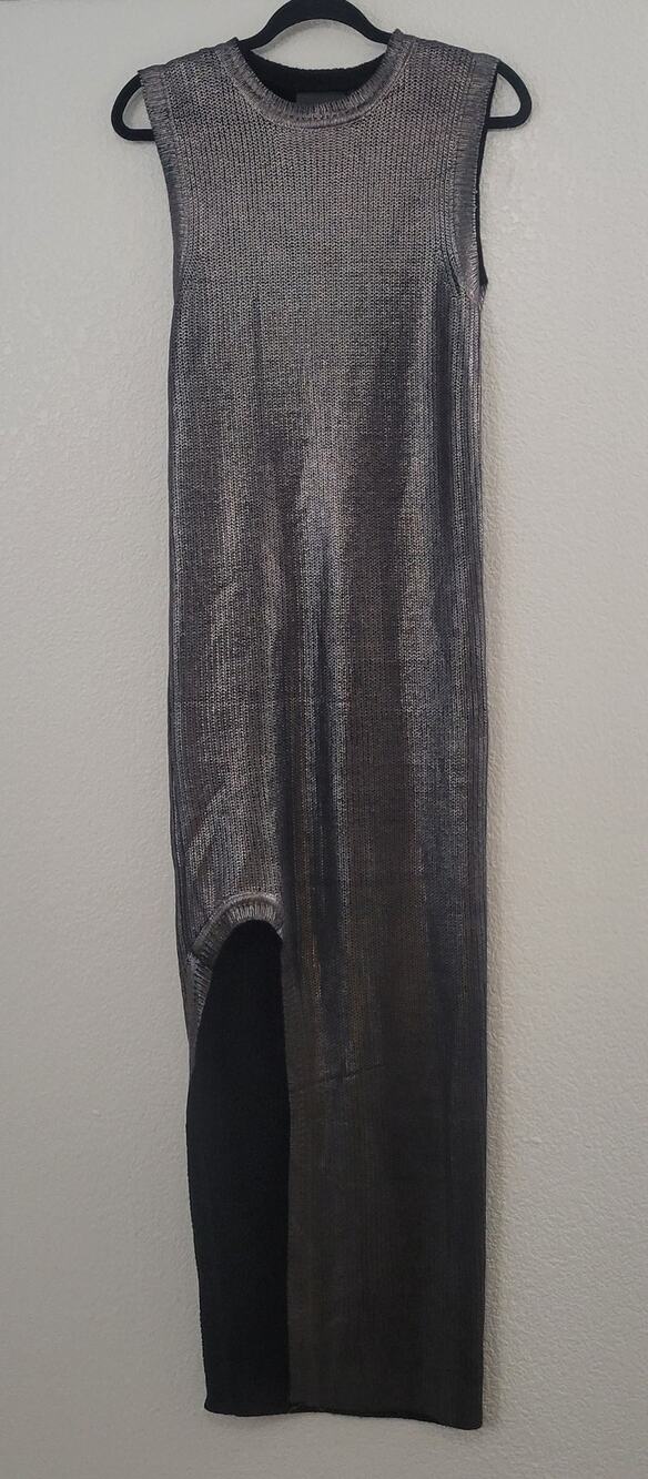 Nightwalker Metallic Knit Maxi Sweater Dress Sleeveless Side Slit Gray Black M